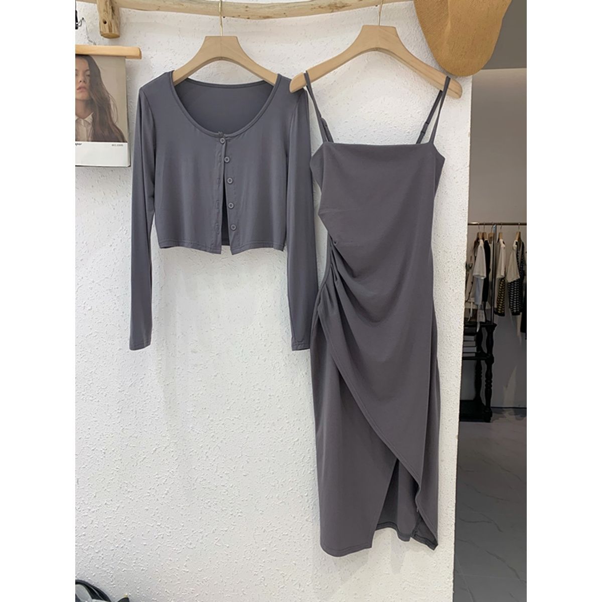 Irregular Slit Dress for Women 2025 Autum New Long-Sleeved Cardigan + Suspender Skirt Two-Piece Suit Long Skirt