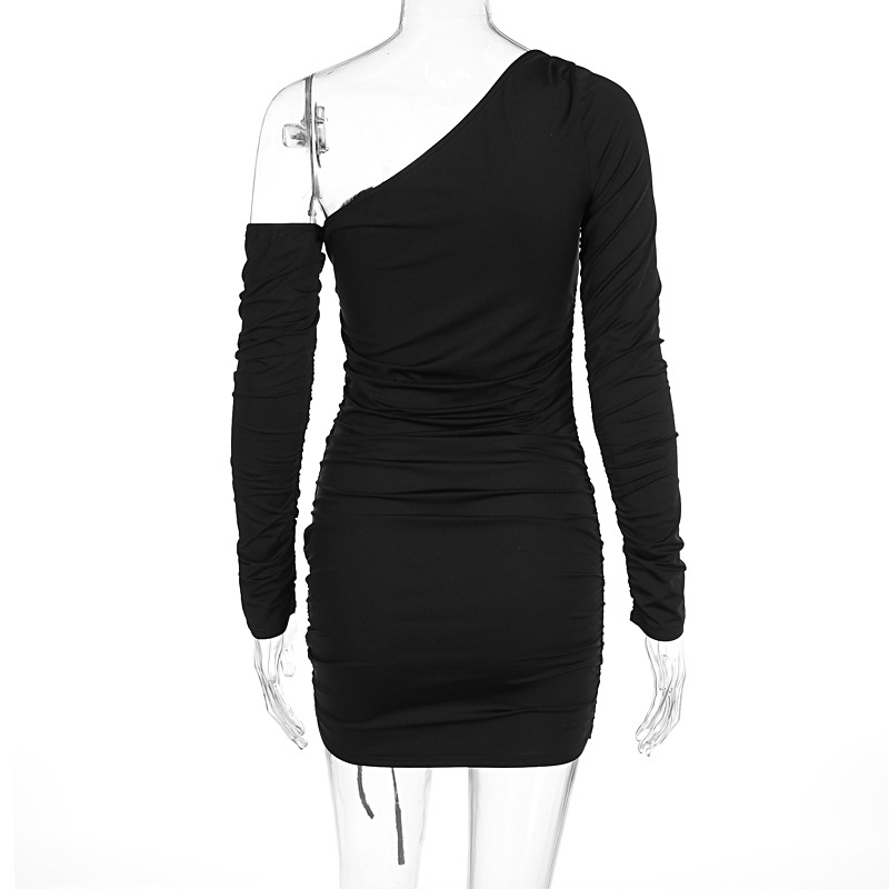 Women Clothing Autumn Winter Long Sleeve Diagonal Collar Slim Ruffle Hip Dress