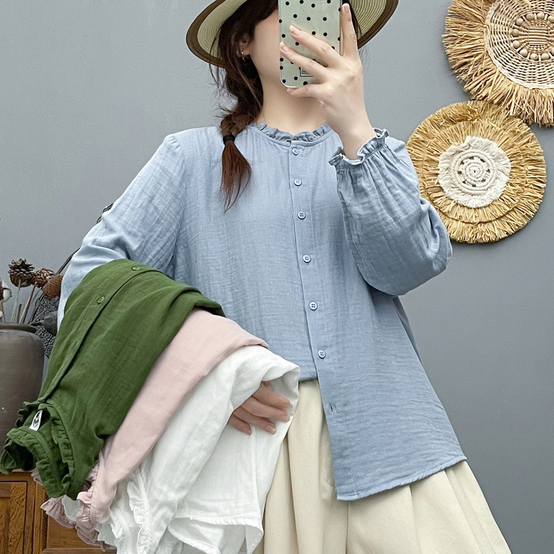 2025 Early Autumn New Style! Soft Double-Layer Cotton Yarn Lace Collar Long-Sleeved Shirt Women's Bottoming Shirt Top Versatile