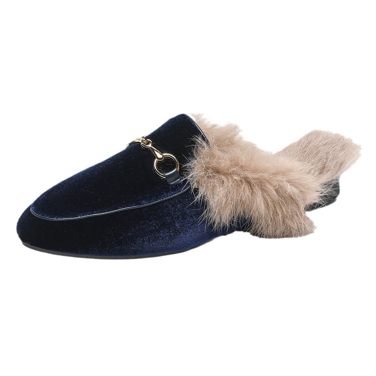 Small Order Xiyin Large Size 35-43 Mule Closed-Toe Slippers Flat Soft Leather Rabbit Fur Women's Shoes with Added Fur Lining