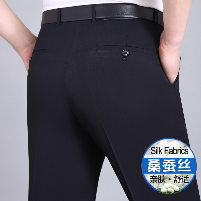 Pantalones finos de seda de morera para hombres de primavera y verano para hombres, pantalones rectos de mediana edad de cintura alta sin planchar para hombres de mediana edad y ancianos image 9
