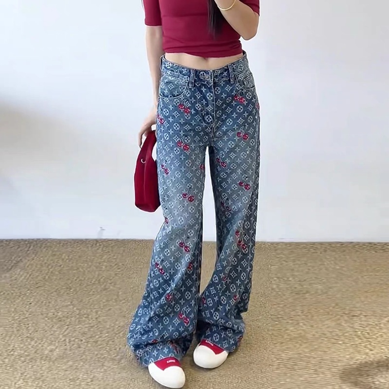 高级感时尚印花牛仔裤女秋季新款高腰显瘦宽松百搭休闲阔腿长裤|undefined