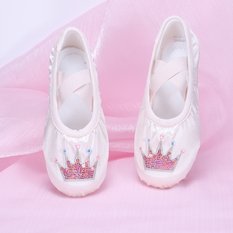 Children's Satin Embroidered Crown Dance Shoes, Girls' Practice Shoes, Little Girls' Soft-Soled Cat Claw Shoes, Toddlers' Practice Ballet Shoes