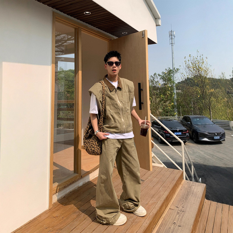 American Trendy Retro Denim Jacket Men's Summer New Silhouette Design Vest Loose Pants Set