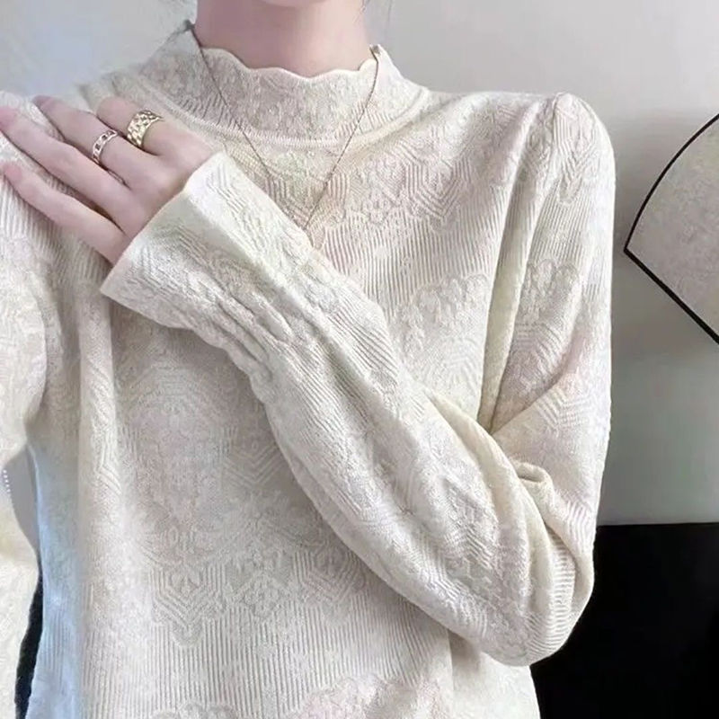 프렌치 로맨틱 레이스 칼라, 레이스 밑단 셔츠, 시크한 자카드 긴팔 스웨터, 루즈한 할로우 탑