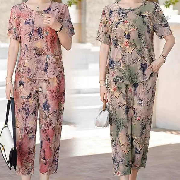 【特惠】中老年妈妈套装冰丝短袖薄宽松大码休闲气质碎花洋气其它