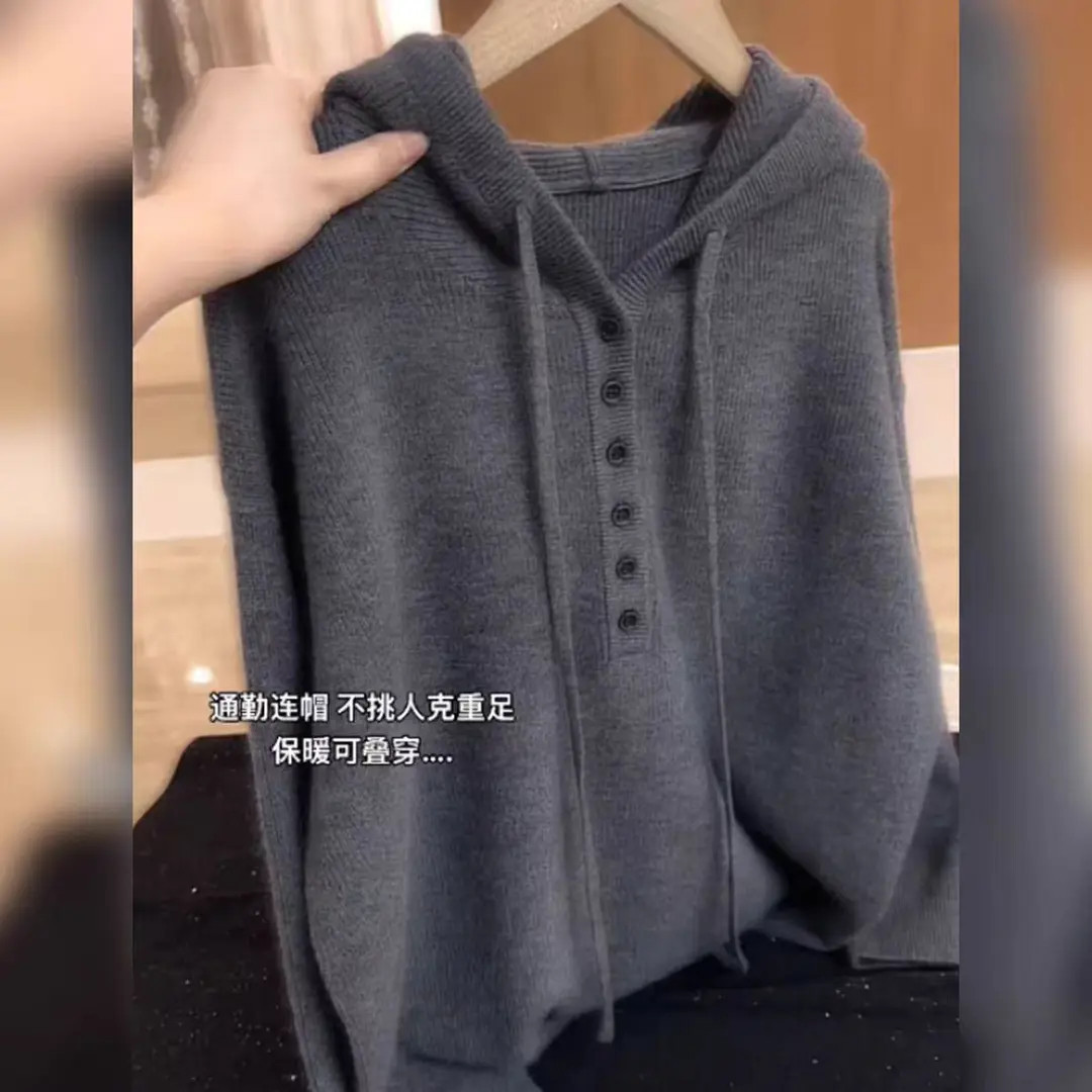 Autumn and Winter Korean Style Hooded Button Design Long-Sleeved Knitwear Women's Work Clothing Warm Plus Size Top