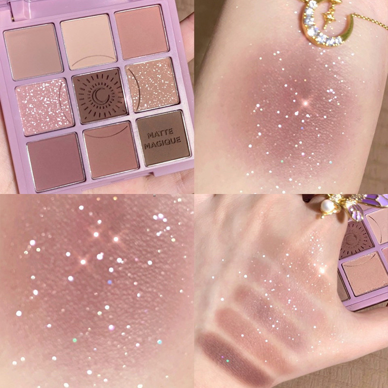 Douyin misma paleta de sombras de ojos de nueve colores Jiugongge mate nacarado té con leche de verano melocotón púrpura color rosa fresco nicho