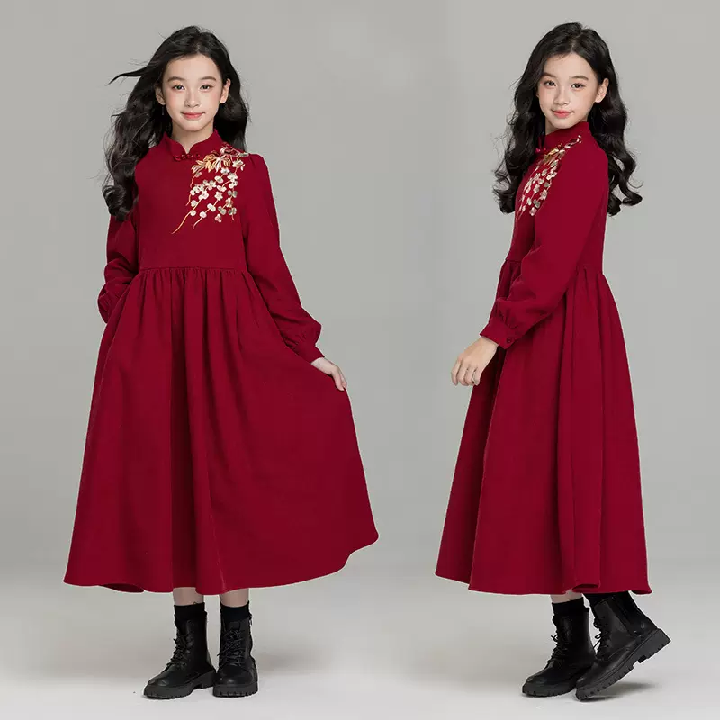 女童拜年红色连衣裙中大童亲子装新中式重工刺绣洋气加绒保暖长裙