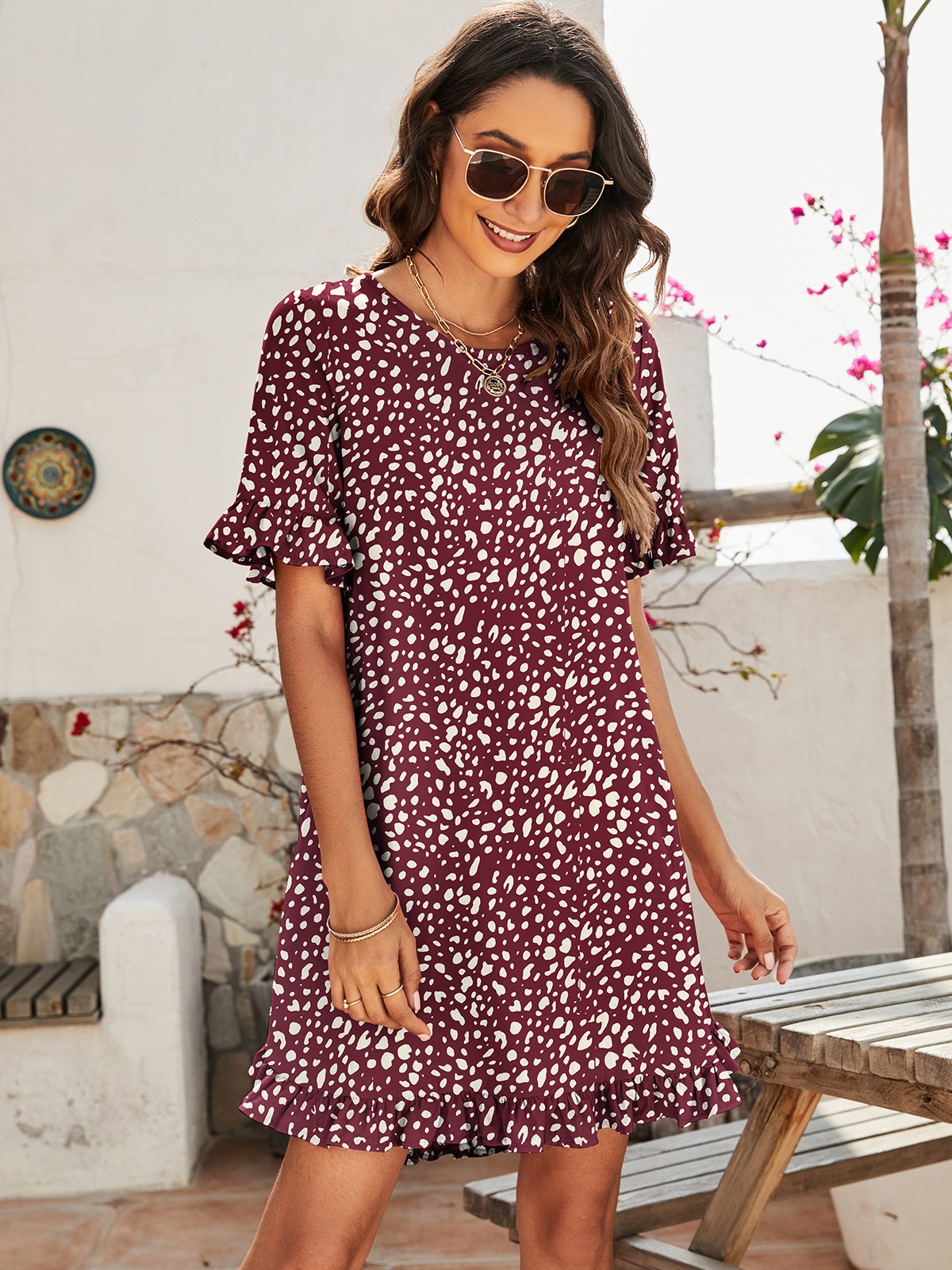 168g Weight Knee-Length Dress Length Type Short Sleeve Sleeve Length A-Line Skirt Dresses Type Flounce Sleeve Sleeve Type Polyester Fabric Type Daily Occasion Round Neck Neckline Loose Version Leopard Pattern Summer Season Women'S Gender Printing Design Fashion Style Wholesale Women'S Fashion Printing Leopard Daily Round Neck Short Sleeve A-Line Skirt 23