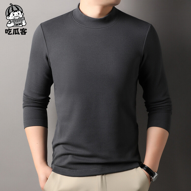긴 소매 티셔츠 세미 하이 칼라 이너 베이스 셔츠 2024 봄과 가을 캐주얼 남성 미드 칼라 단색 티셔츠 스웨터