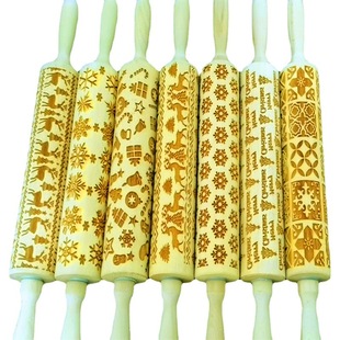 Christmas elk printing rolling pin Beech laser engraving embossed rolling pin cookie biscuit rolling stick wholesale