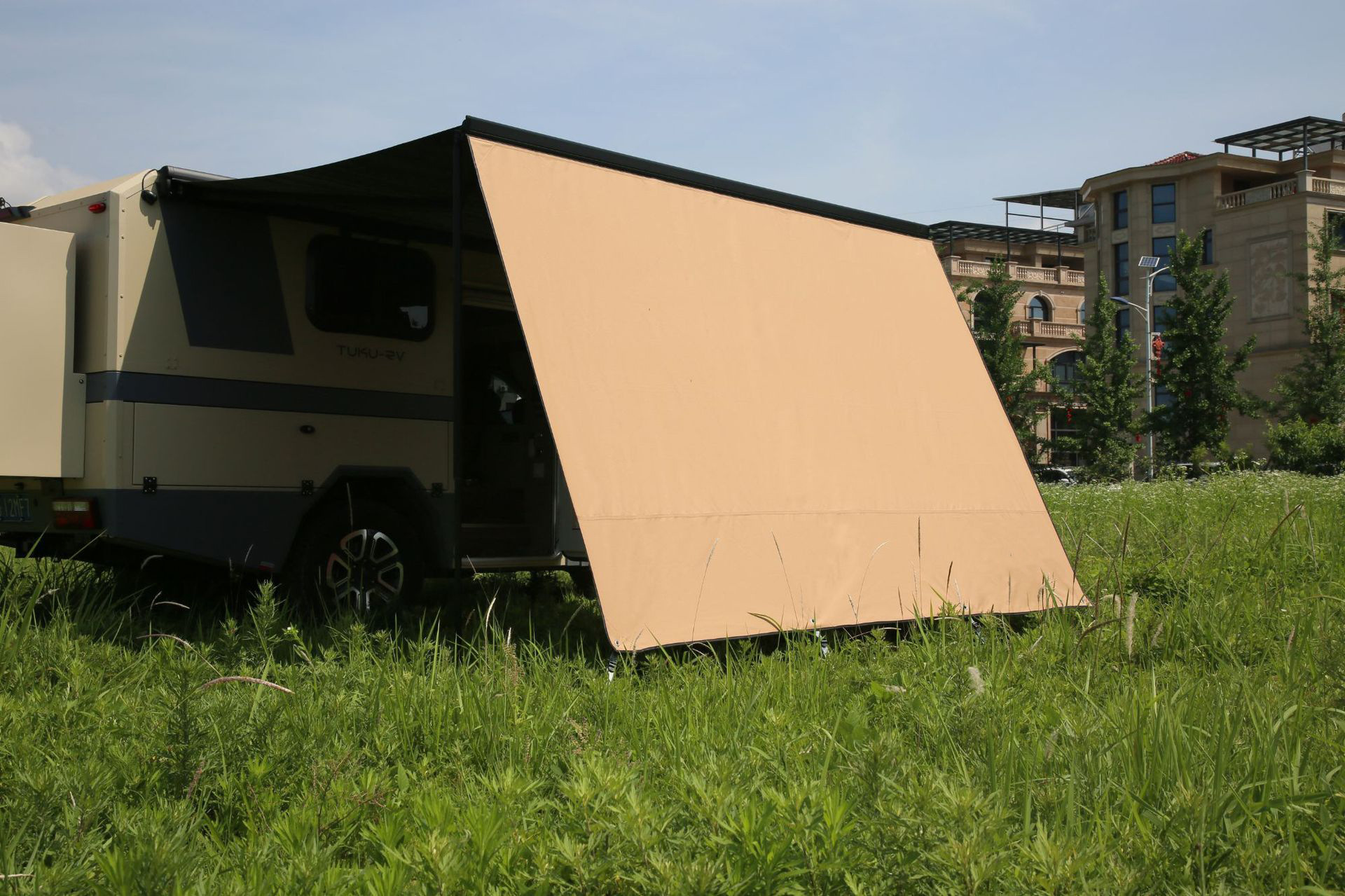 Source factory outdoor black vinyl canopy camping tent RV side expansion awning fabric, main fabric, side fabric wholesale