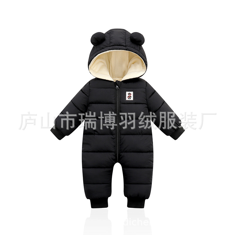 Autumn and winter new baby and toddler hooded down cotton jumpsuit for boys and girls baby plus velvet padded outdoor climbing suit