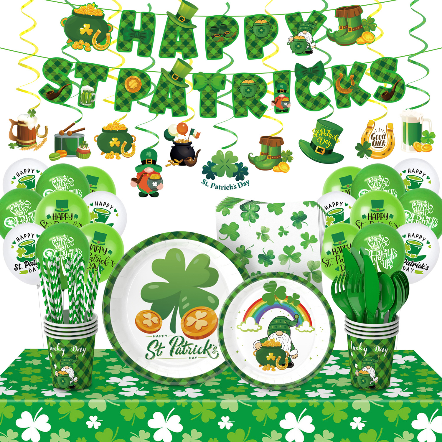 Nuevo día de San Patricio decoración del partido suministros trébol irlandés placa papel tejido mantel decoración traje