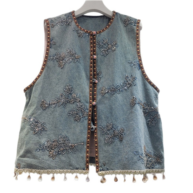Diseño bordado flores chaleco de vaquero de mujer universal bordado sin mangas hombro clip primavera nueva moda simple