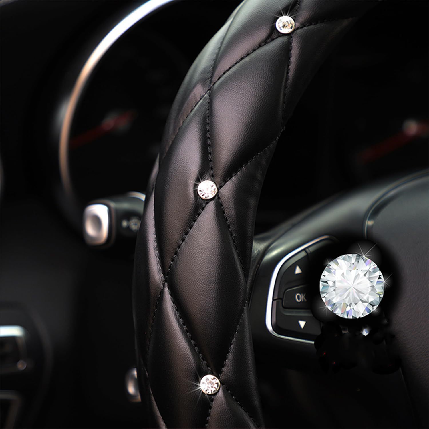 Factory Direct Sales Amazon Car Diamond-Studded Steering Wheel Cover, Universal for All Seasons, Soft Leather Anti-Slip Rhinestone Handle Cover