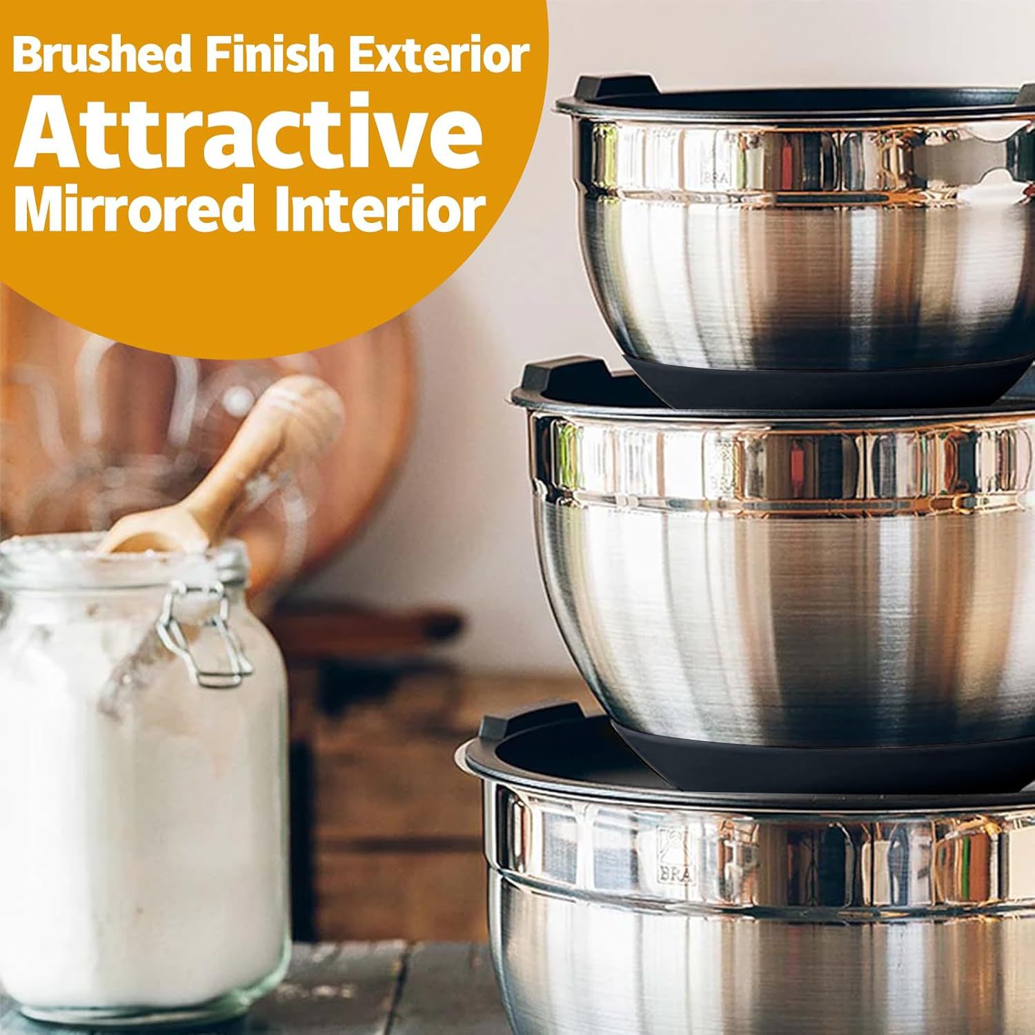 Tazón mezclador portátil para exterior/hornear, base de silicona, acero inoxidable, negro