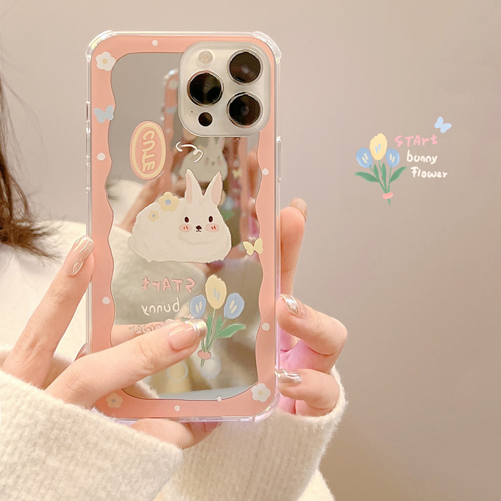 油畫兔子適用iphone14蘋果13promax手機殼15化妝鏡Xs防摔8p代發11