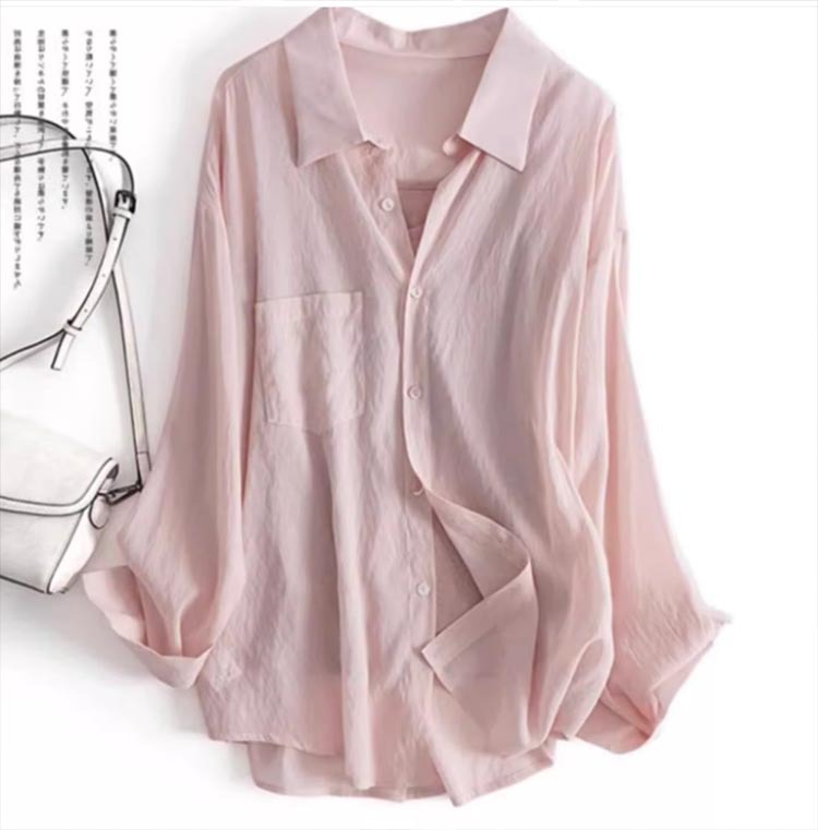 Áo sơ mi chống nắng mỏng mùa hè kiểu Pháp dành cho nữ chất Tencel voan — Màu hồng, Màu trắng, Màu xanh lá chi tiết 2