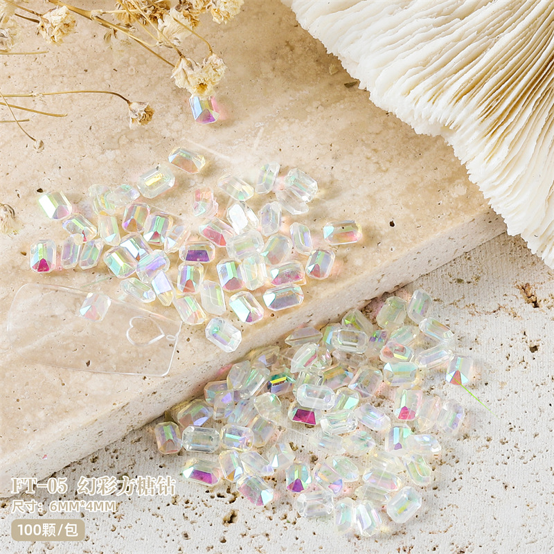 Online Celebrity Nail Candy Diamond Jewelry resina tridimensional Aurora color mágico largo octogonal en forma de diamante de uñas al por mayor 100 piezas