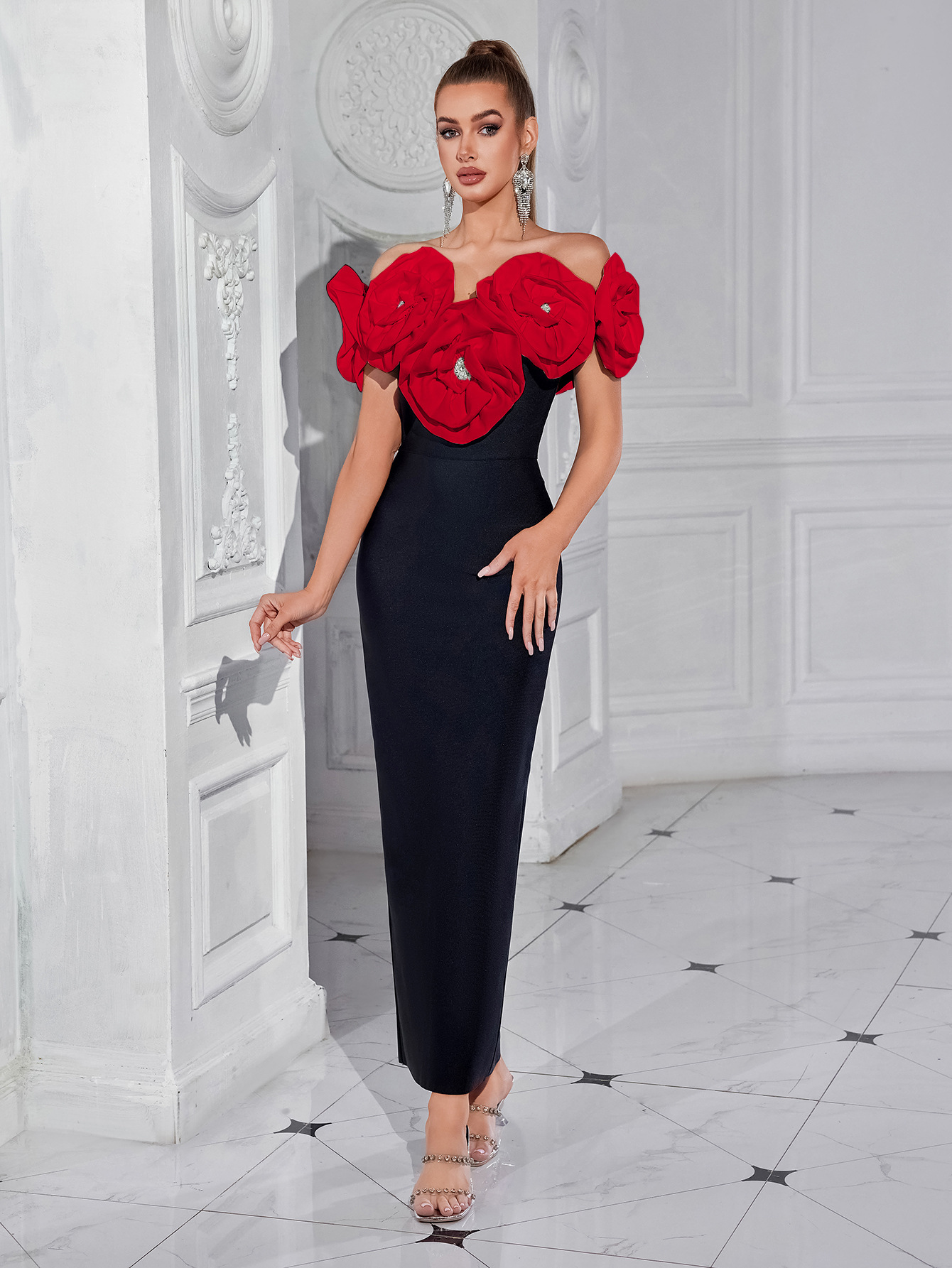Europa y América transfronterizas flores blancas vendaje vestido de moda elegante de alta gama un hombro vestido de noche fábrica personalizada