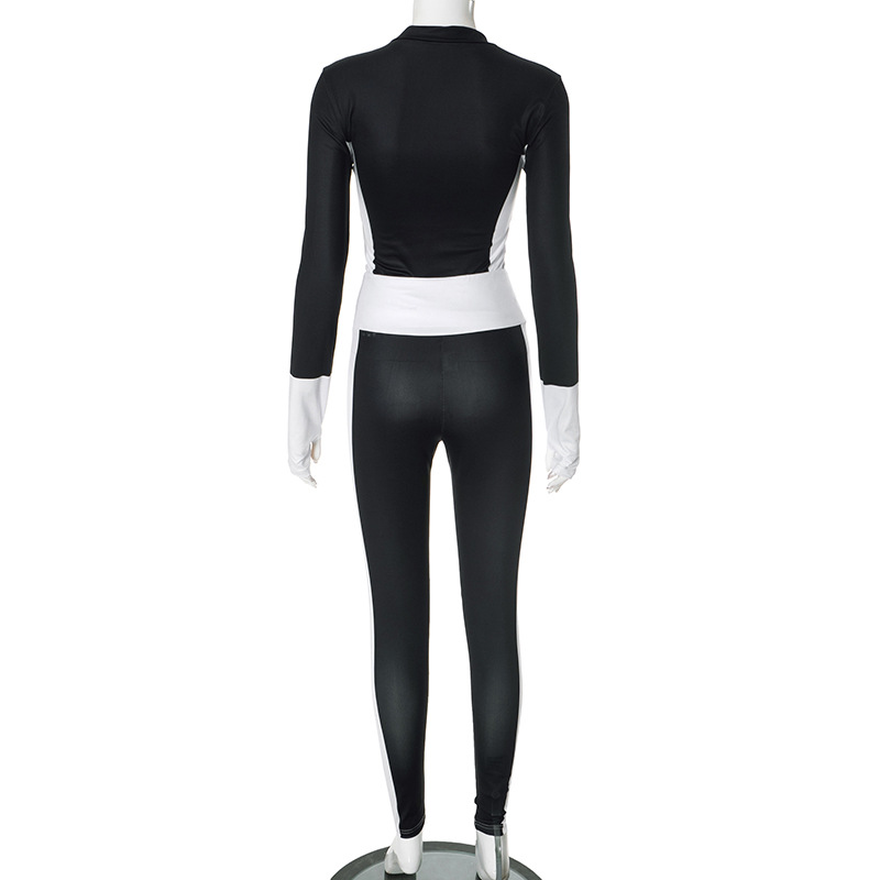 Women Clothing Autumn Winter Contrast Color Stitching Finger Fit Design Zipper Collared Cardigan Tight High Waist Suit