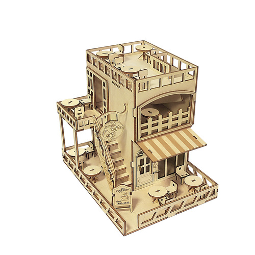 Wooden 3D architectural model creative DIY casual coffee house hand-assembled house decorations children's educational wooden house