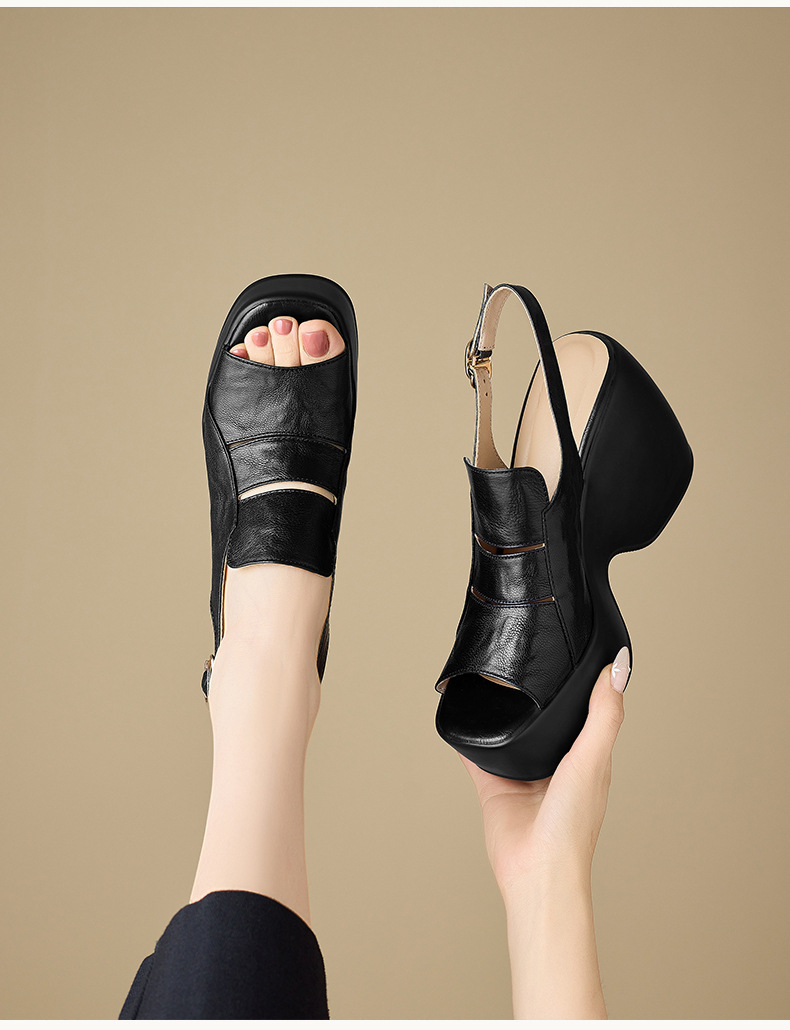 Sandal cao gót nữ đế xuồng mũi hở da cừu — màu đen, màu trắng ngà chi tiết 7