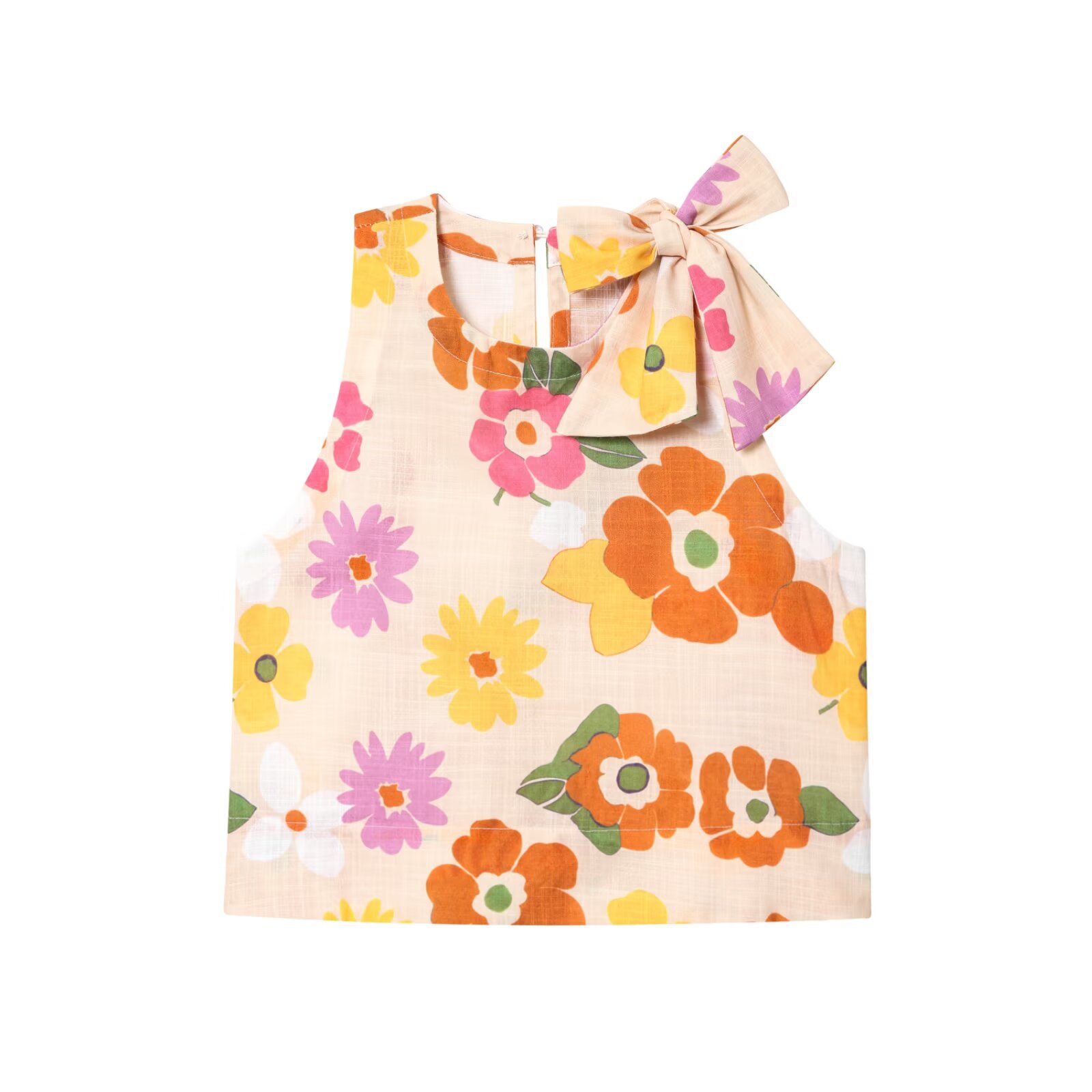 6809-新款时尚气质女蝴蝶结系带无袖仿麻印花上衣背心女式