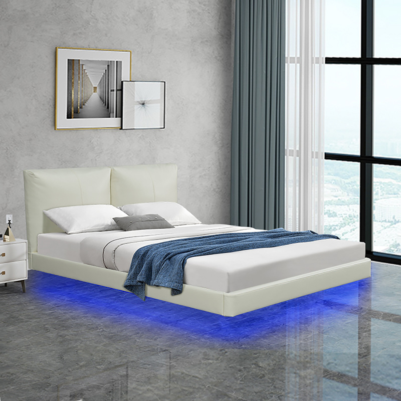 Foreign Trade Factory Customized Cream Air Leather Suspended Bed with Led Atmosphere Light Large Size Bedroom Bed