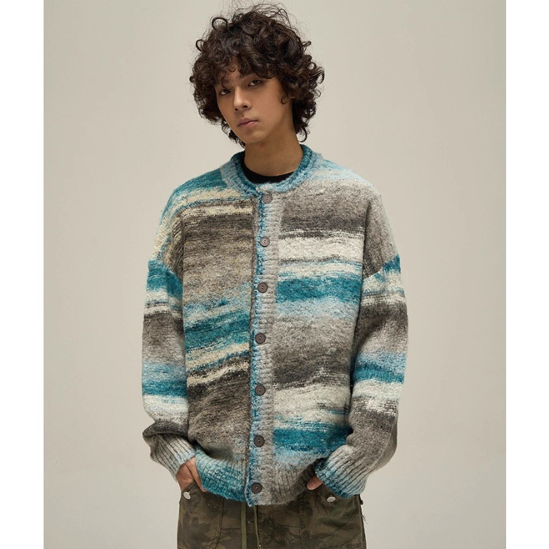 Trendy Chinese Style Spring and Autumn Melange Blue Couple Knit Sweater Loose Oil Painting Rainbow Gradient Cardigan Sweater Trendy Jacket Trendy Chinese Style Spring and Autumn Melange Blue Couple Knit Sweater Loose Oil Painting Rainbow Gradient Cardigan Sweater Trendy Jacket