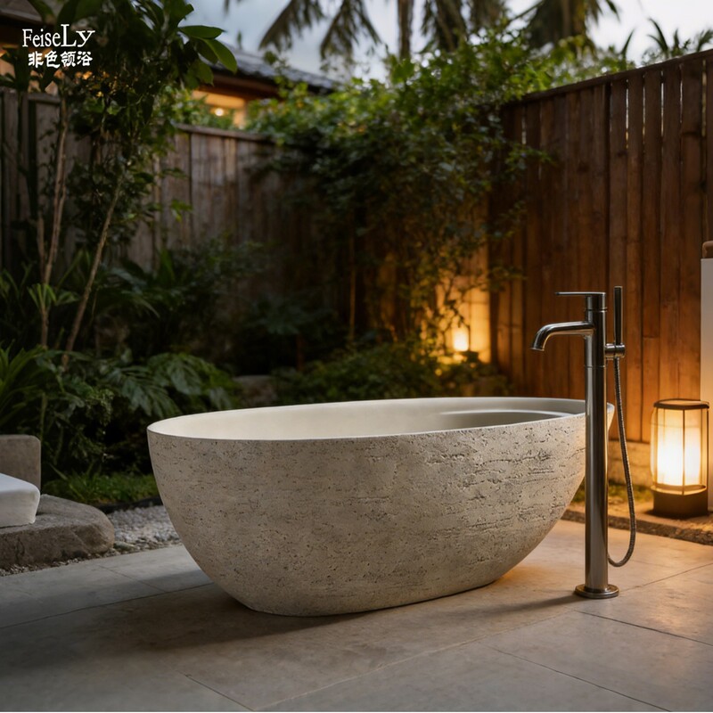 Natural Travertine Egg-Shaped Freestanding Bathtub Modern Minimalist High-End Bathroom Tub for Hotels and Villas