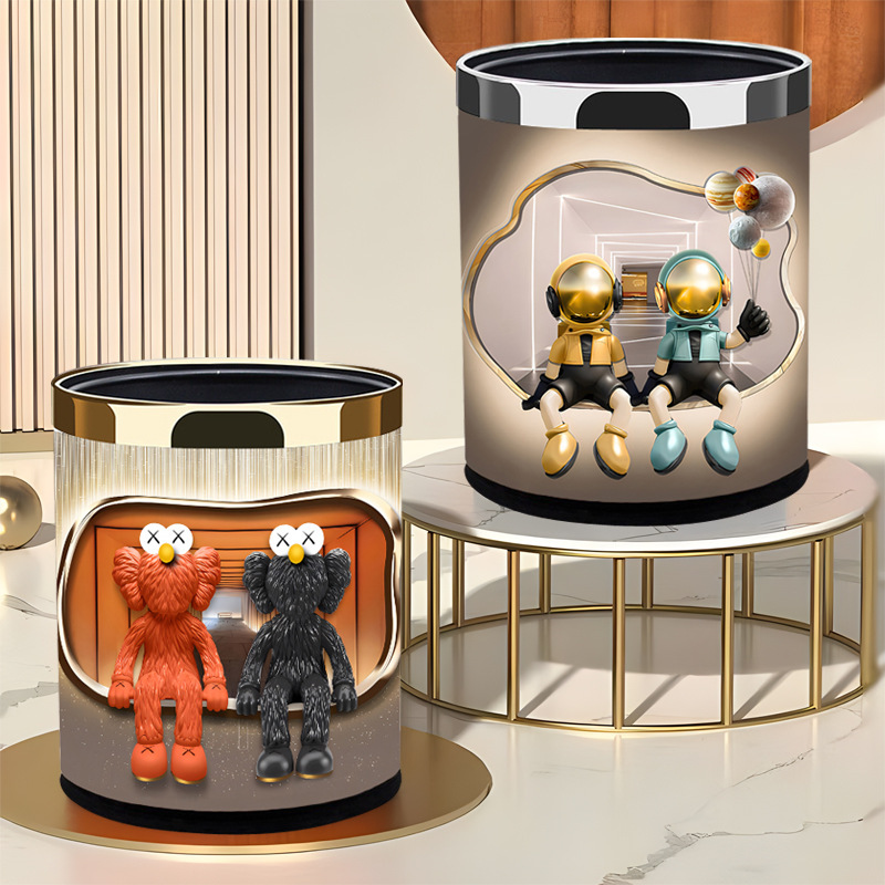 Trash Can for Living Room, Home Use, Light Luxury, Trendy Brand, Kaws Doll, Kitchen, Toilet, Double-Layer, High Aesthetic Value, Sanitary Bin