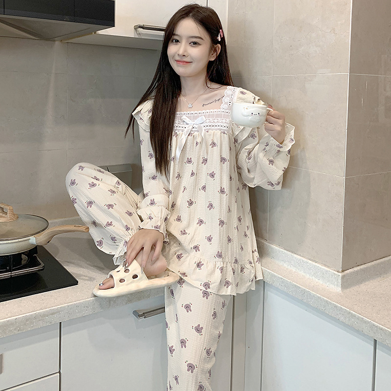 Estilo japonés simple pijamas de las mujeres tejido crepe encaje algodón pullover manga larga Otoño e Invierno dulce desgaste del hogar traje