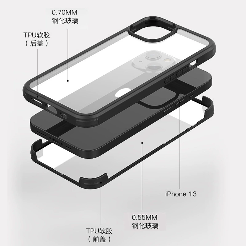 Защитный стеклянный чехол для телефона (Apple iPhone), двухсторонняя защита, ударопрочная рама TPU