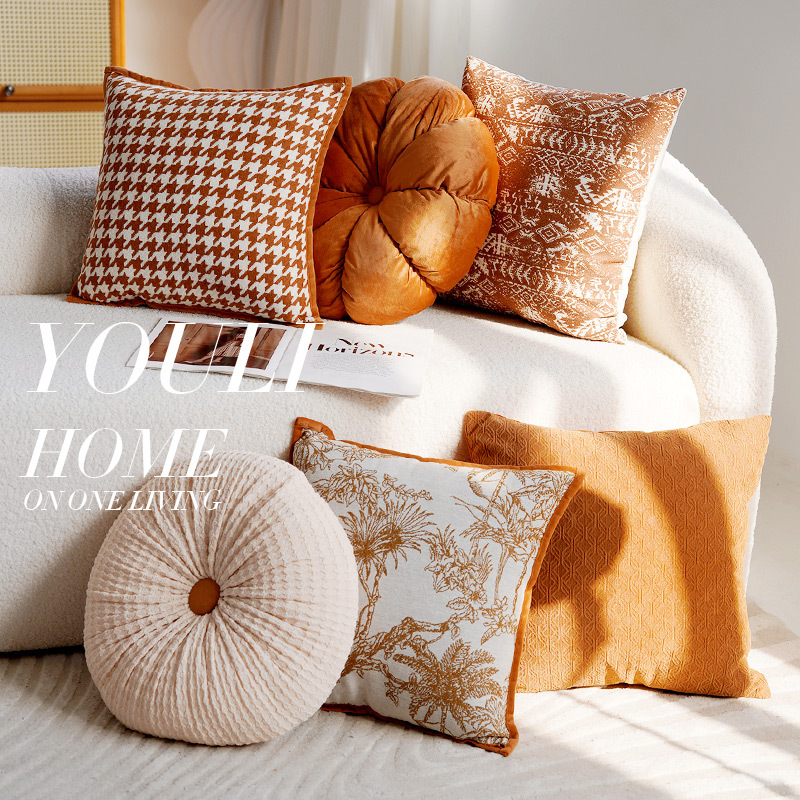 Light Luxury High-end Pillow Case Round Orange Sofa Back Cushion French Vintage Bed Ins Style Living Room Pillow