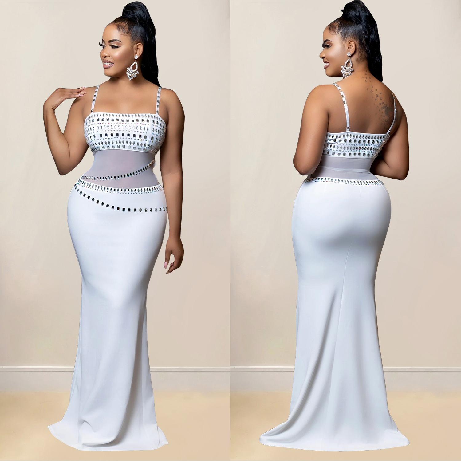 C6989 Aliexpress transfronterizo Amazon estación independiente de moda europea y americana ropa de mujer de malla de diamante caliente vestido vestido largo nuevo image 5