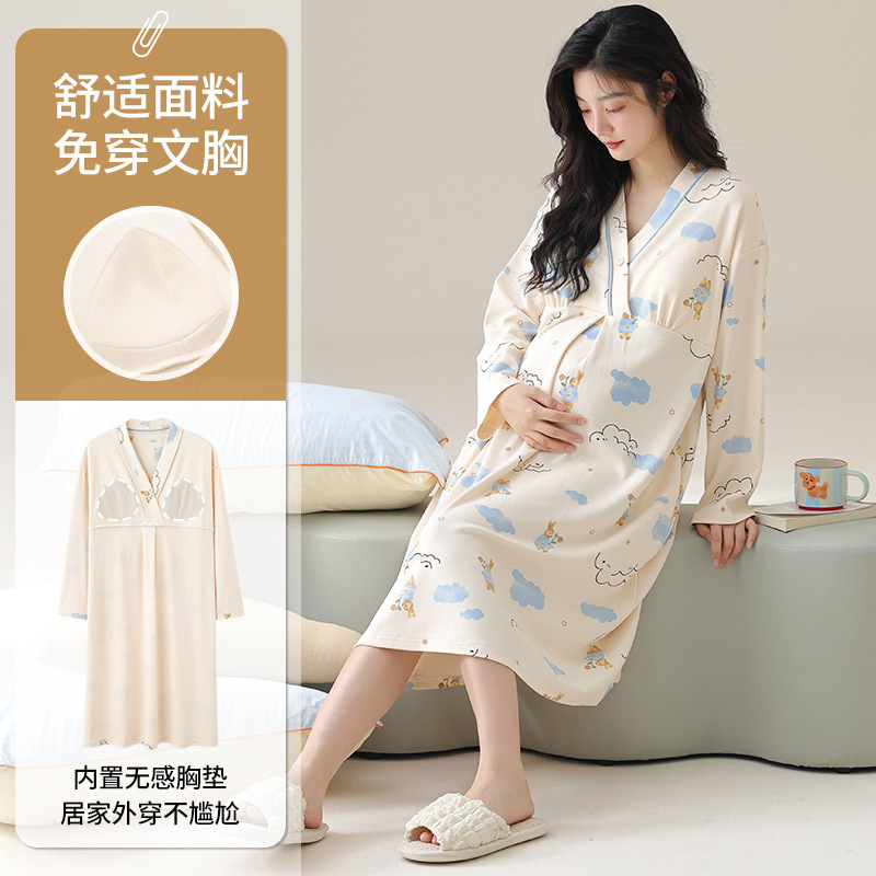 2025 Spring and Autumn Long Sleeve Cotton Moon Dress with Fixed Chest Pad Pregnant Women Postpartum Feeding and Breastfeeding Summer Dress