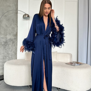 European and American Autumn New Sadie Cardigan Loose Long-sleeved Nightgown Women Comfortable High-end Feather Sleeve Home Clothes Cross-border
