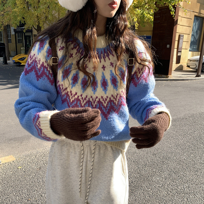 24 invierno Puyuan Isla de Fair suéter jacquard rosa nuevo estilo de reducción de la edad de la universidad camiseta de punto para mujeres