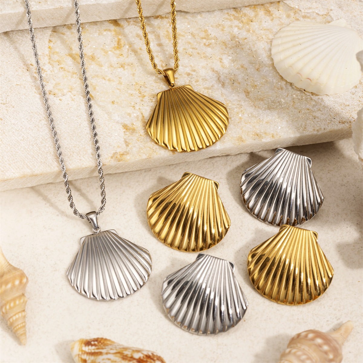 Taena europeo y americano collar de concha de acero inoxidable pendientes estilo océano diseño de moda sentido cadena de clavícula joyería en forma de abanico mujer
