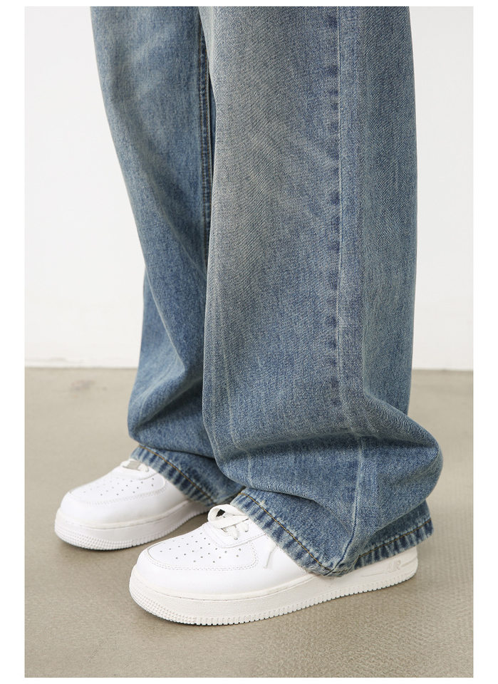 Quần jeans nam ống đứng dáng suông rộng, denim xử lý giặt retro phong cách Mỹ, quần dài mặc hằng ngày — Màu xanh lam chi tiết 16