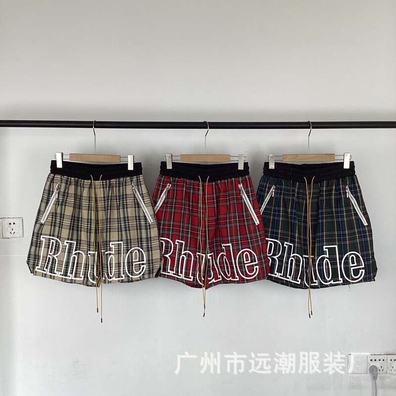 Cross-Border Wholesale 2024 Summer Rhude Stripesd Plaid Letter Print Side Seam Zipper Bag Drawstring Shorts for Men and Women