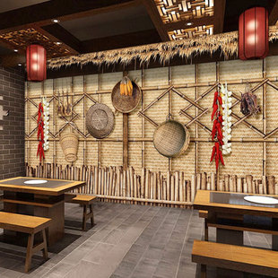 Farmhouse Restaurant Wallpaper Retro Nostalgic Rural Bamboo Fence Mud Wall Background Home-Style Restaurant Restaurant Wallpaper