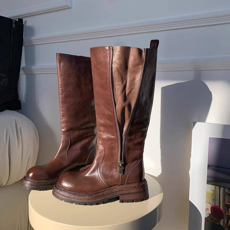 Washed Horsehide Knight Boots for Women, Round Toe, Thick-Soled Genuine Leather Boots, Slimming Look Thick Heels, Thigh Circumference, Side Zipper High Boots Washed Horsehide Knight Boots for Women, Round Toe, Thick-Soled Genuine Leather Boots, Slimming Look Thick Heels, Thigh Circumference, Side Zipper High Boots