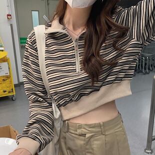 Half zipper stand collar striped short navel pullover sweater for women 2023 Spring and Autumn New retro long sleeve top fashion