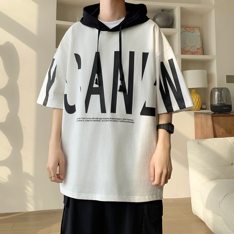 Camiseta de manga corta encapuchada de moda masculina de verano suelta ropa de estilo portugués marca de moda camiseta de manga media delgada de moda