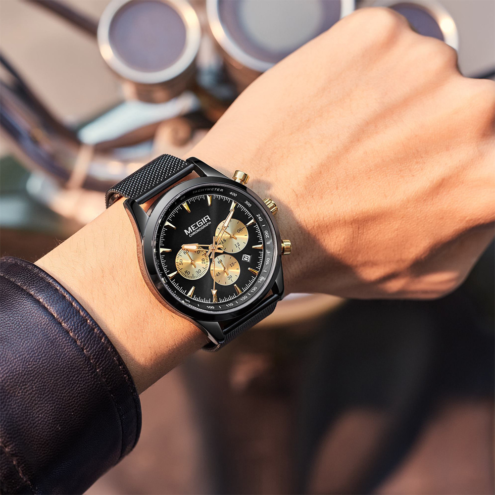 Orologio cronografo da uomo sottile - Cinturino in maglia di acciaio inossidabile da 44 mm, lancette luminose, data, resistente all'acqua fino a 30 m (quadrante nero/blu/oro rosa)_voghion.com