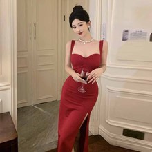 8676欧美东南亚外贸批发2024女装气质性感低胸开叉露背显瘦连衣裙